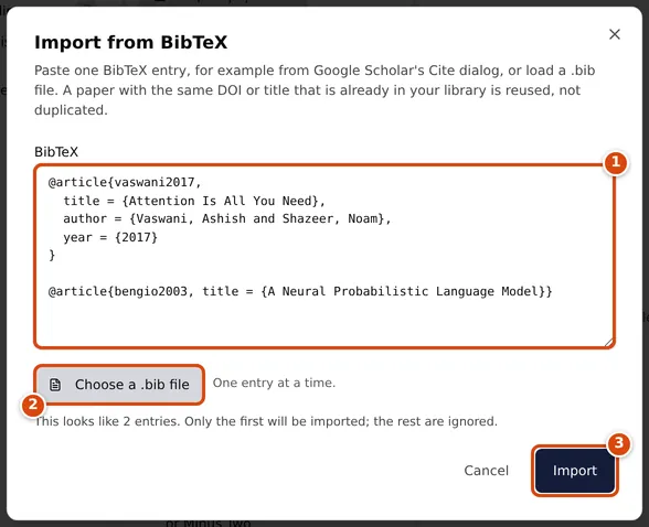 The Import from BibTeX dialog with two entries pasted and the warning that only the first will be imported