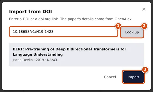 The Import from DOI dialog: the DOI typed in, and below it the paper OpenAlex found, with its authors, year and journal
