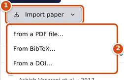 The Import paper menu in the Library toolbar, open, with its three entries: From a PDF file, From BibTeX and From a DOI