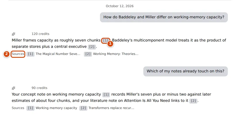 A chat with two answers, each with numbered citation chips in the text and a Sources row listing the papers and notes behind them