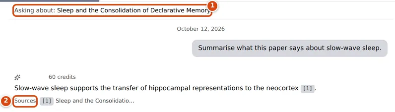 A chat scoped to one paper, with Asking about and the paper's title above the conversation and one cited source under the answer