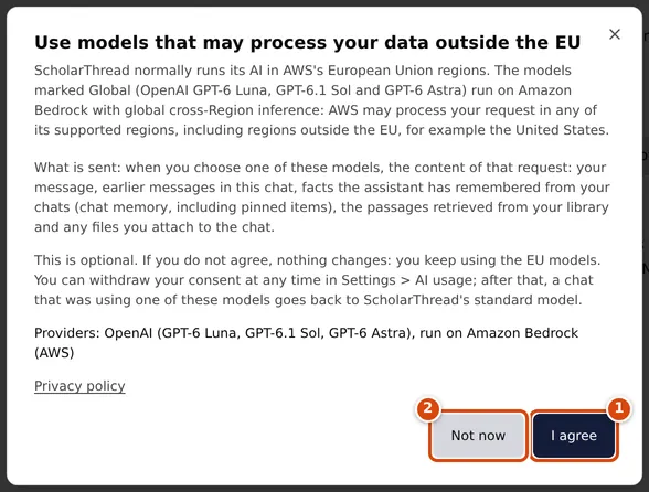 The consent form for models that may process data outside the EU, with Not now and I agree buttons at the bottom