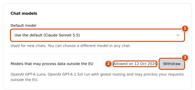The Chat models card in Settings, AI usage, with the Default model selector, the date consent was given and a Withdraw button