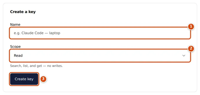 The Create a key form in Settings, API keys, with a Name field, a Scope selector and a Create key button