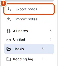 The Folders column of the Notes sidebar with the Export notes and Import notes buttons above the folder list
