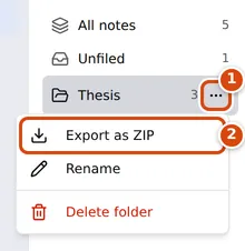 A folder row in the Notes sidebar with its more-actions menu open, showing Export as ZIP, Rename and Delete folder