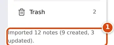 The summary under the folder tree after an import, reading Imported 12 notes, 9 created, 3 updated