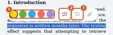 The reader with one line of text selected and the small toolbar above it, showing five colour swatches, an Inline note button and a dictionary button