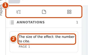The reader's left panel on the Annotations tab, with three tabs above it and one saved highlight listed with its page
