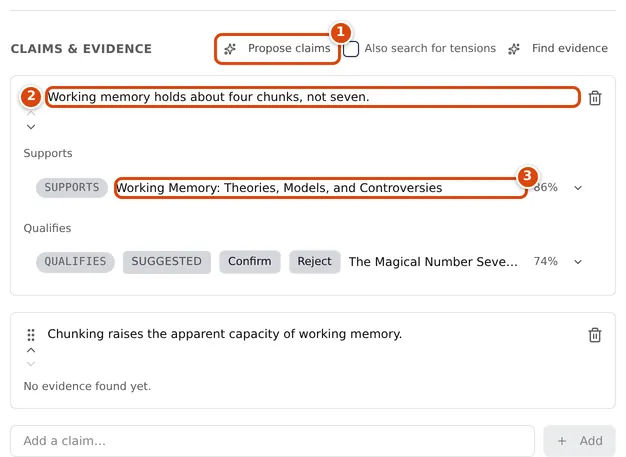 The Claims and evidence panel of a concept note, with two claims, supporting and qualifying evidence, and a suggested finding with Confirm and Reject buttons