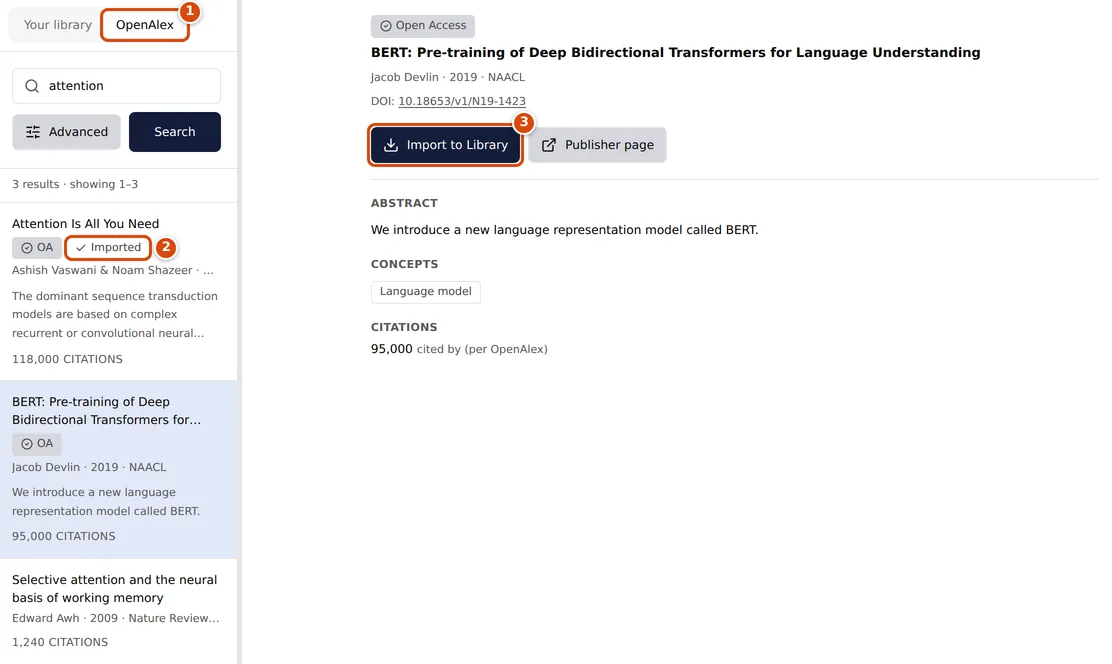 The Search page on the OpenAlex tab, with a result open in the main pane and its Import to Library button