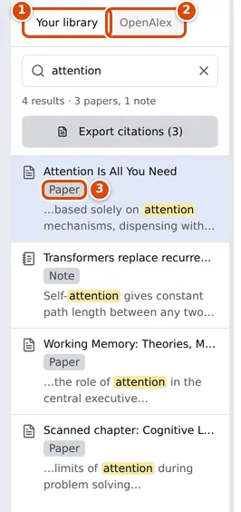 The Search page on the Your library tab, showing results for "attention": three papers and a note, each with a type label and the matching words highlighted