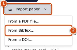 The Import paper menu in the Library toolbar, open, with From BibTeX highlighted