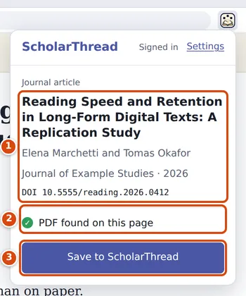 The extension popup open on a journal article page, showing the title, authors, journal and DOI, the line PDF found on this page, and the Save to ScholarThread button