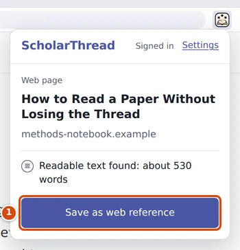 The extension popup on a blog post, with the Save as web reference button
