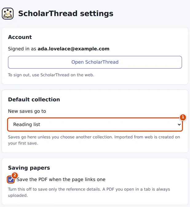 The extension's settings page: the signed-in account, the default collection menu and the option to save the PDF