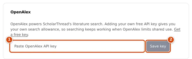 The OpenAlex card in Settings, Connections, with an empty key field and a Save key button