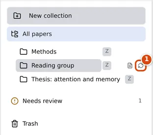 The Library sidebar with a Zotero collection called Reading group, showing a refresh icon at the end of its row
