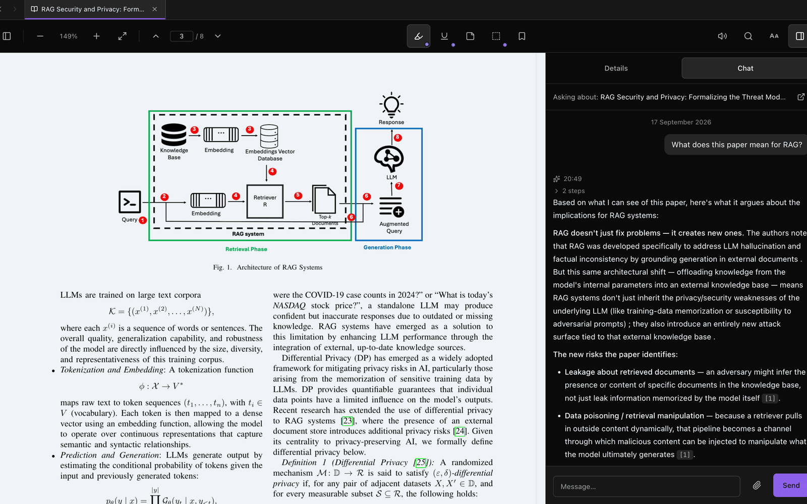 ScholarThread reader showing a highlighted passage in a paper and a chat answer that cites it.